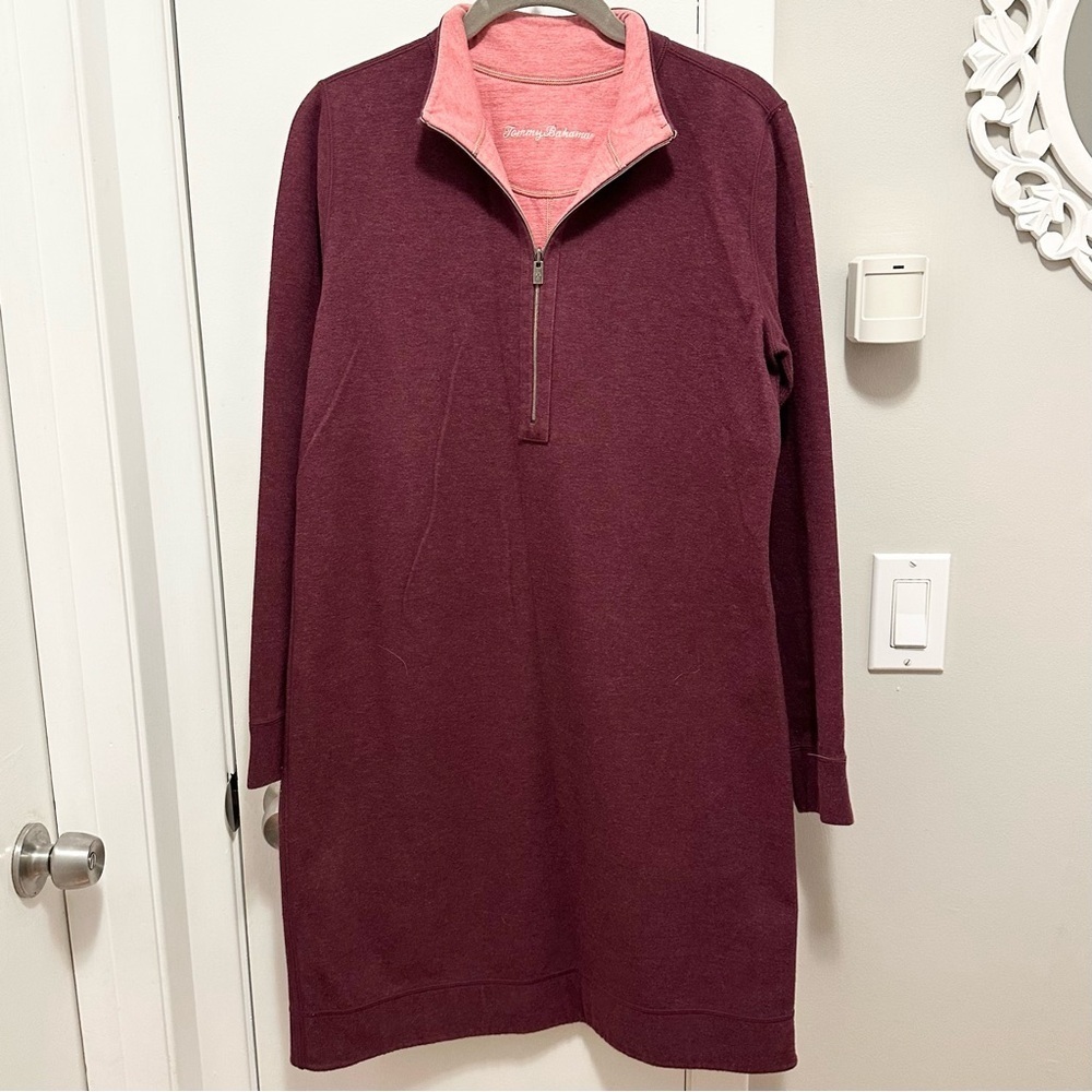 Tommy Bahama Flip Side Reversible Half Zip Sweatshirt Dress M Coral Burgundy